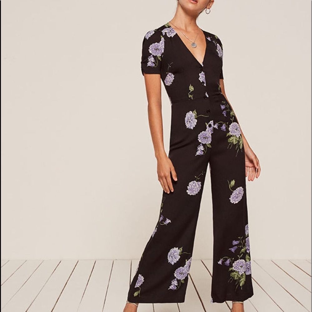Nwot Reformation Lilac Floral Print Black Pant Wedding Reception Jumpsuit Romper
